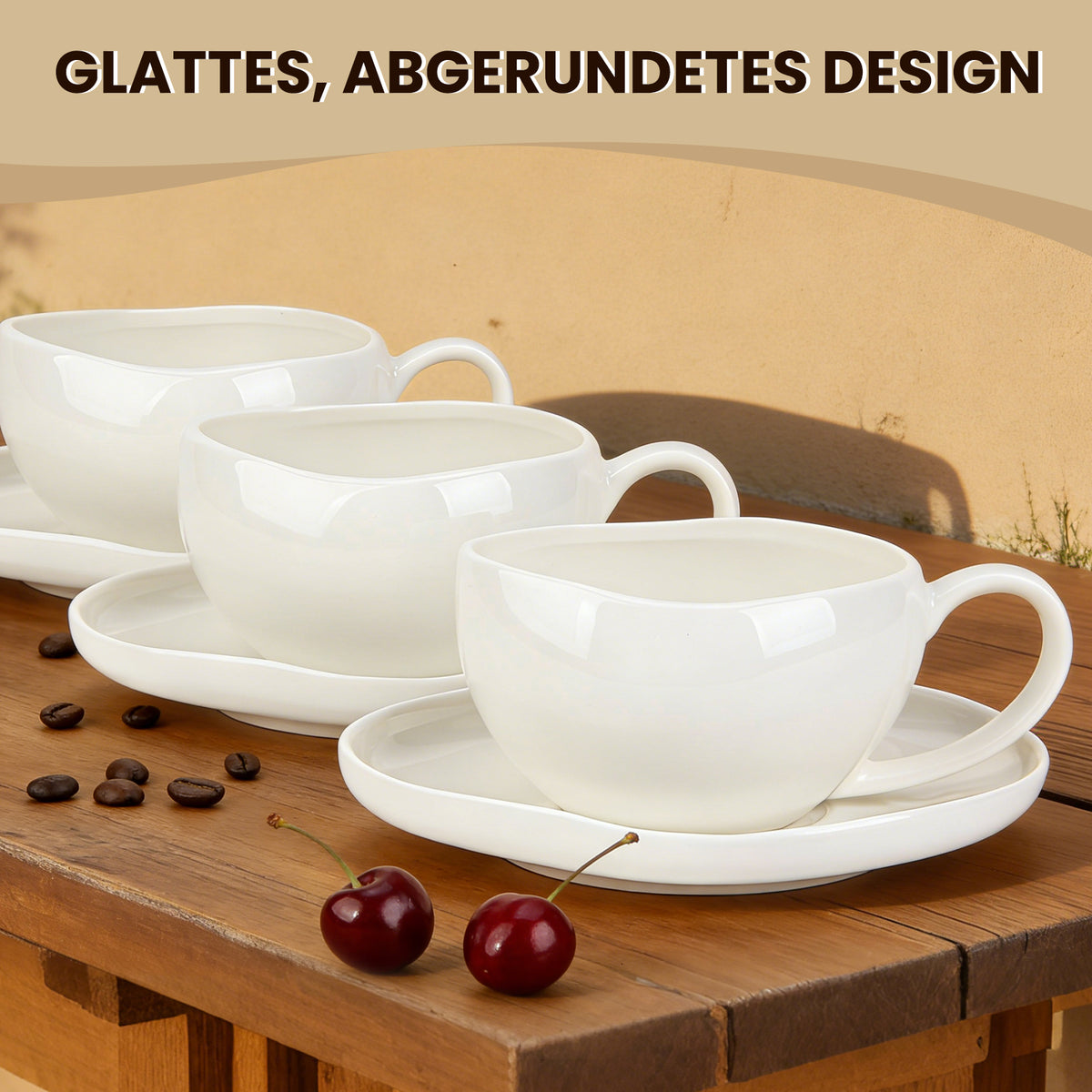 6-teiliges Keramik Cappuccinotassen Set mit Untertassen (200ml), gewelltes Design, Weiß/Creme, spülmaschinen- & mikrowellenfest