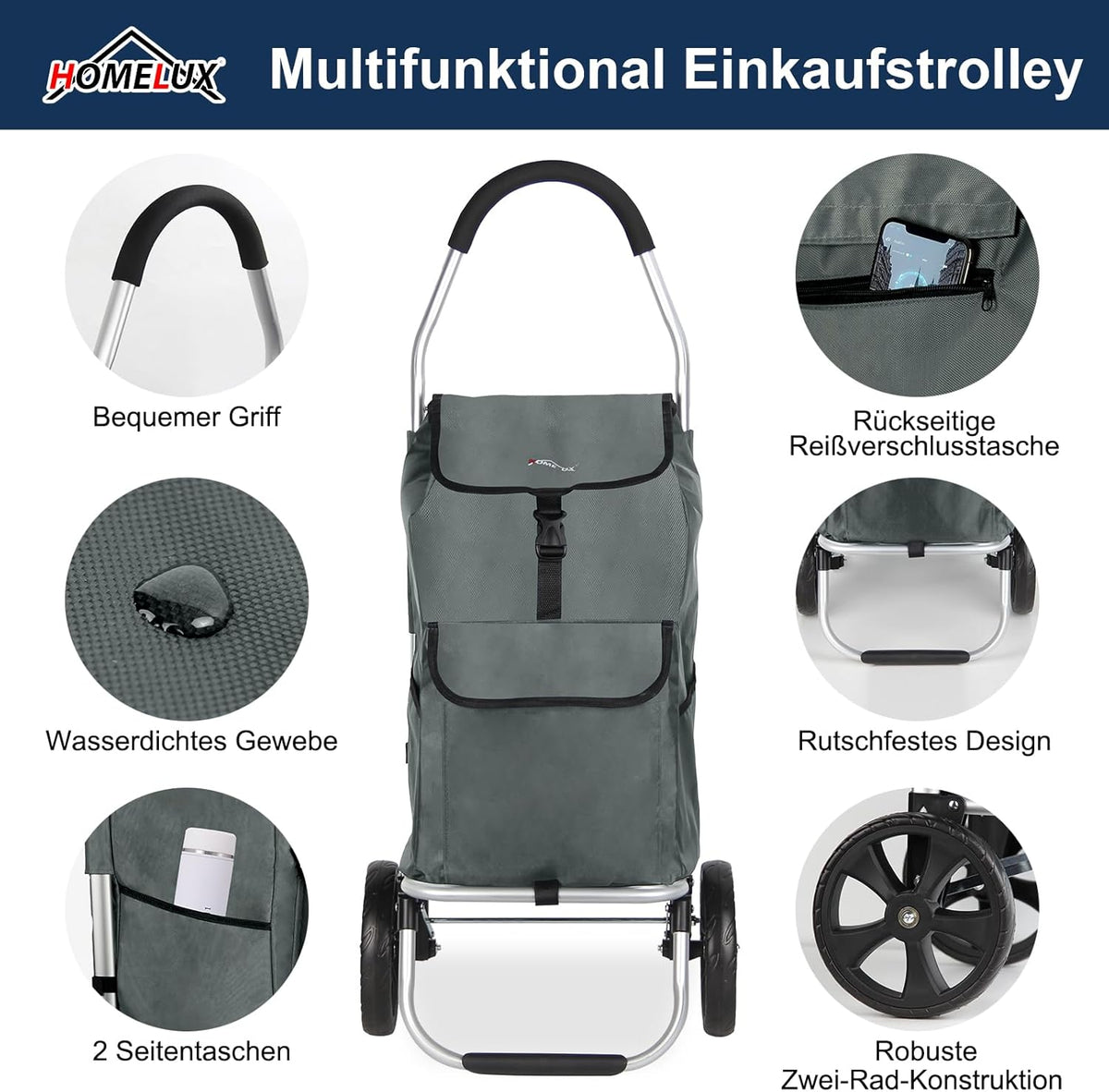 HOMELUX Einkaufstrolley Stabiler, klappbarer mit 41 L Kapazität, multifunktionalem Handwagen, Rollen und abnehmbarer Tasche