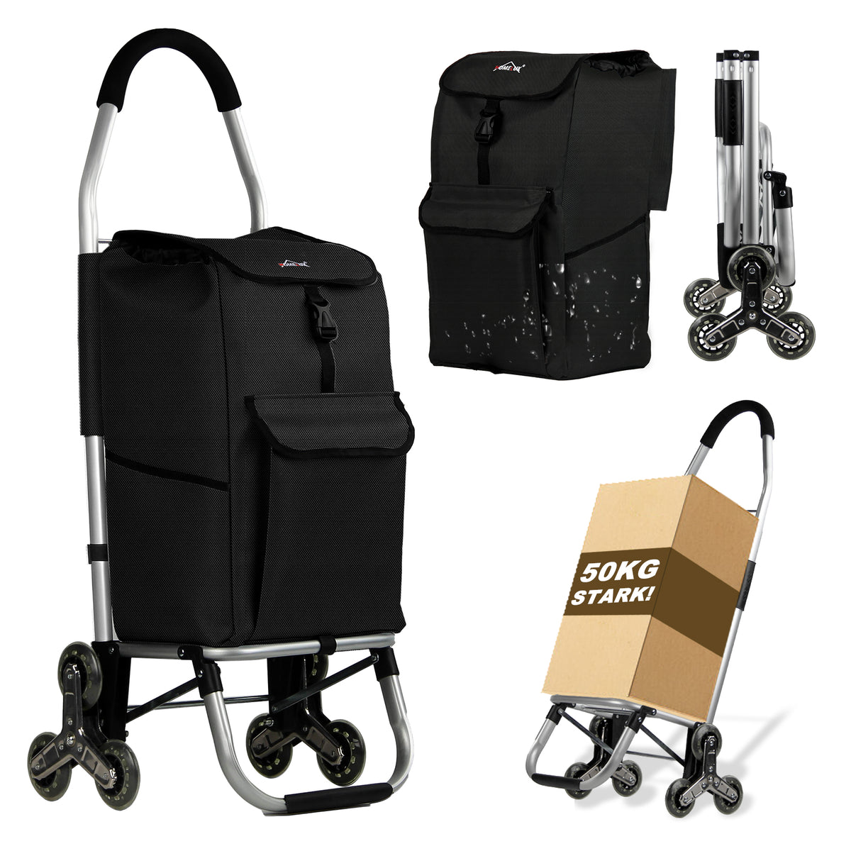 HOMELUX Einkaufstrolley, klappbar, stabil, 41 L Kapazität, multifunktional, Handwagen mit Rollen, abnehmbare Tasche, dreieckige Räder
