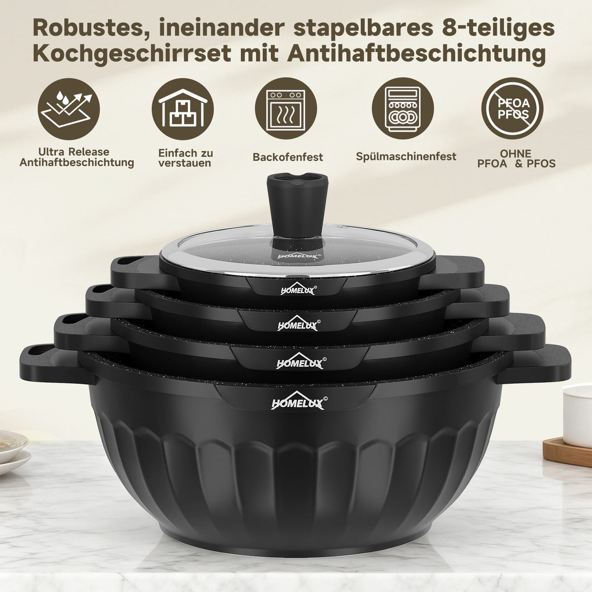 HOMELUX Topf-Set 8-tlg Kochtopf Set Induktions 20-32 cm, PFOA-fre Töpfe Set mit Deckel