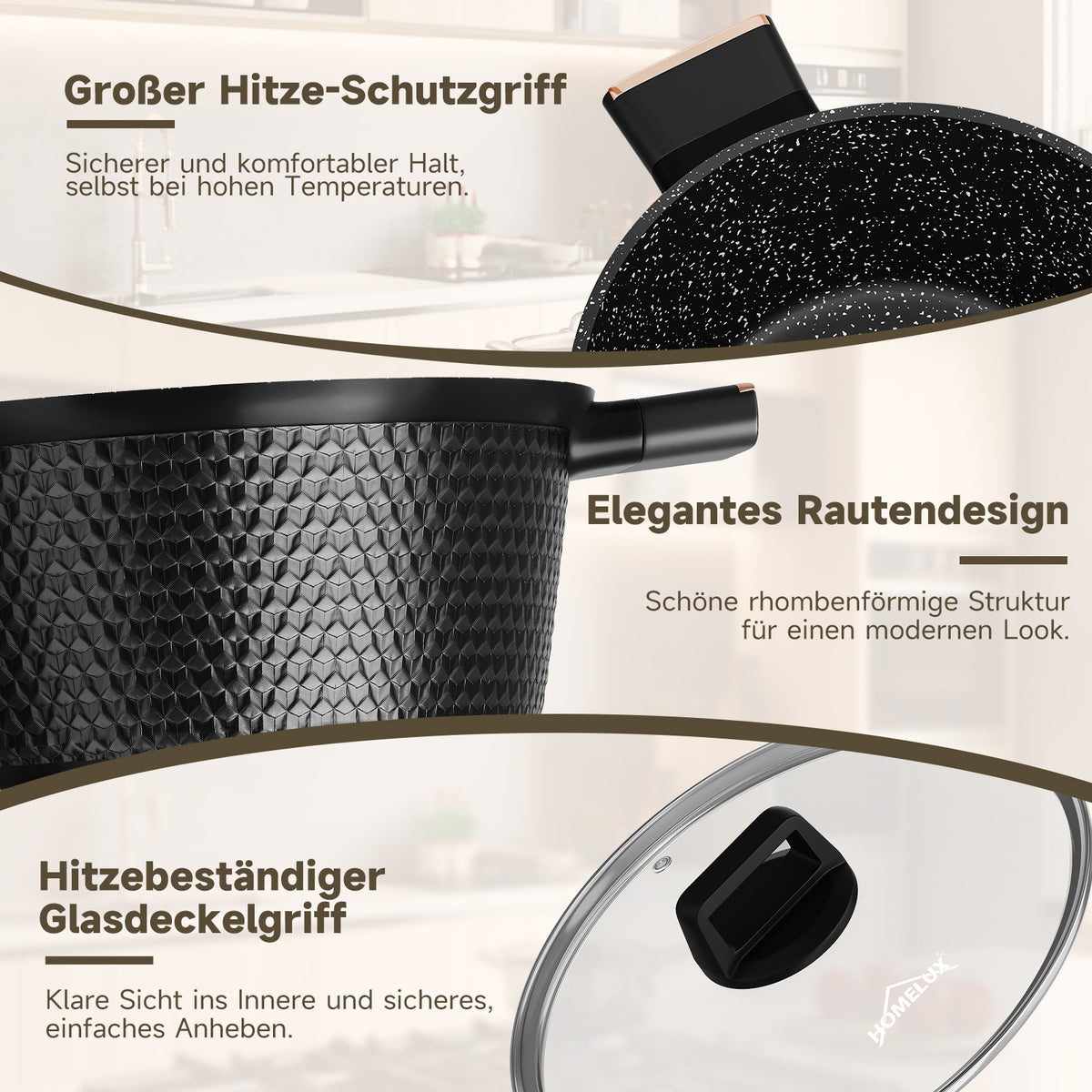 HOMELUX Kochtopf-Set, 8-teilig, mit Diamant-Struktur und Induktionsboden