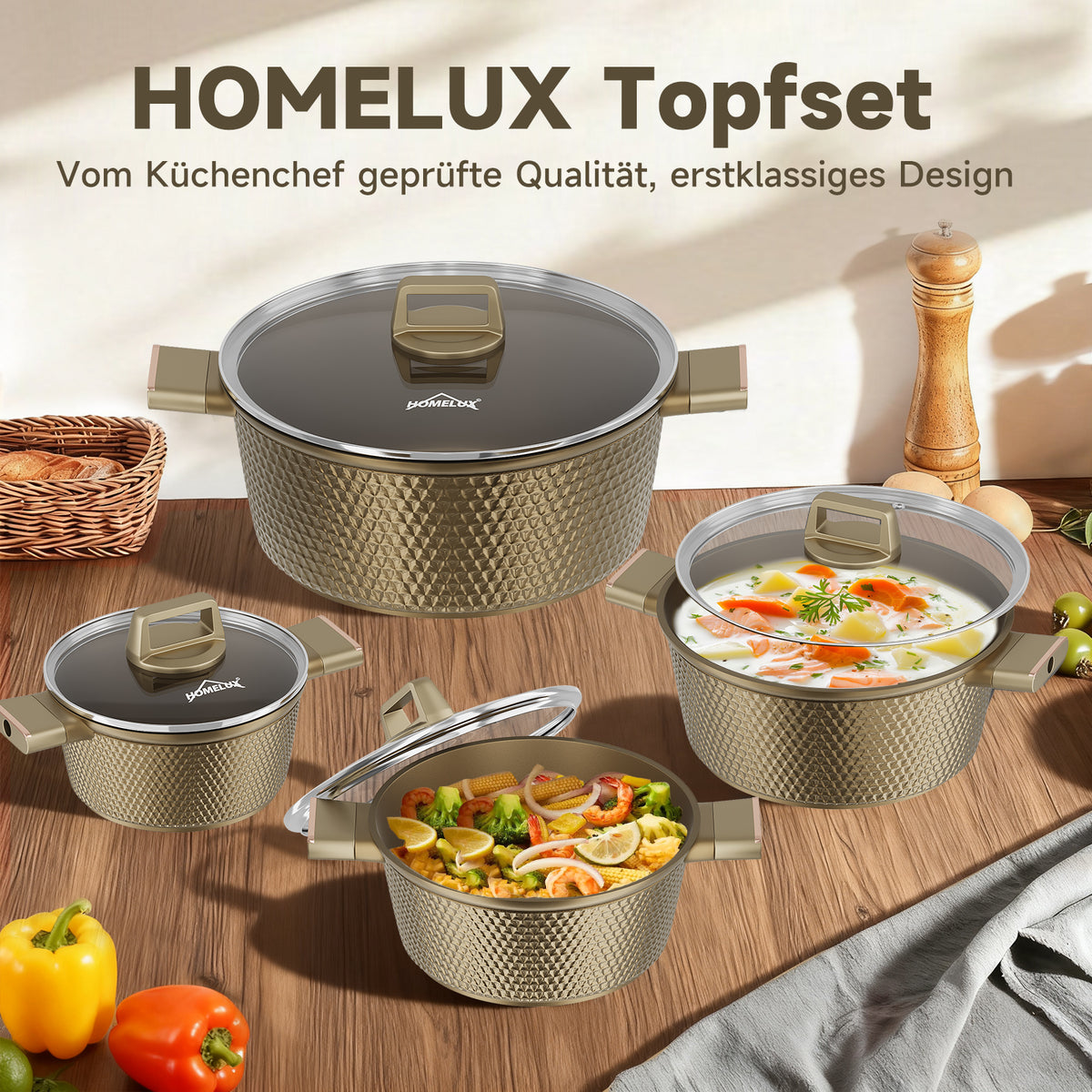 HOMELUX Kochtopf-Set, 8-teilig, mit Diamant-Struktur und Induktionsboden