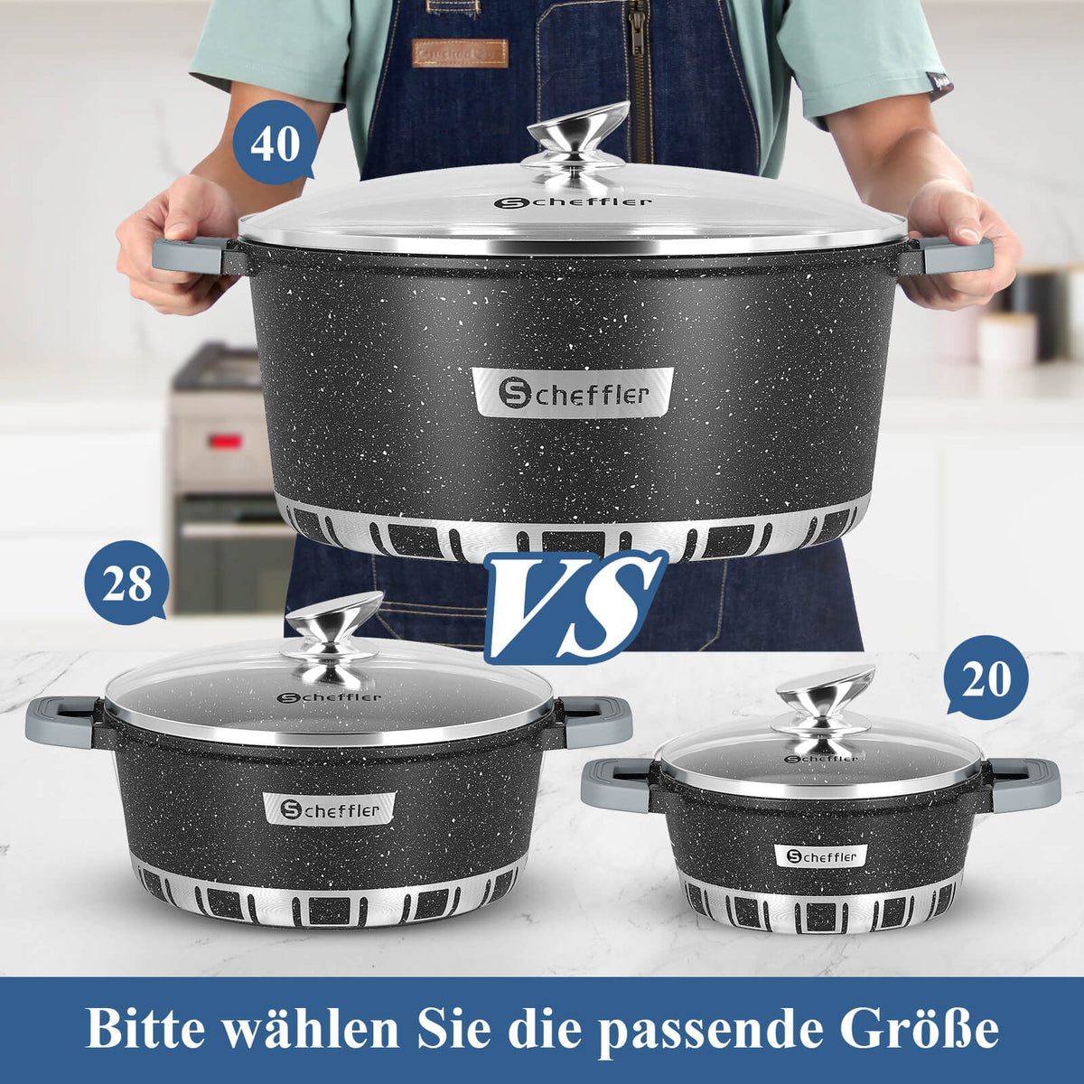 Scheffler Kochtopf mit Glasdeckel für Induktion Aluguss Antihaft Topf, hitzebeständig, energiesparend, frei von PFOA & PFOS
