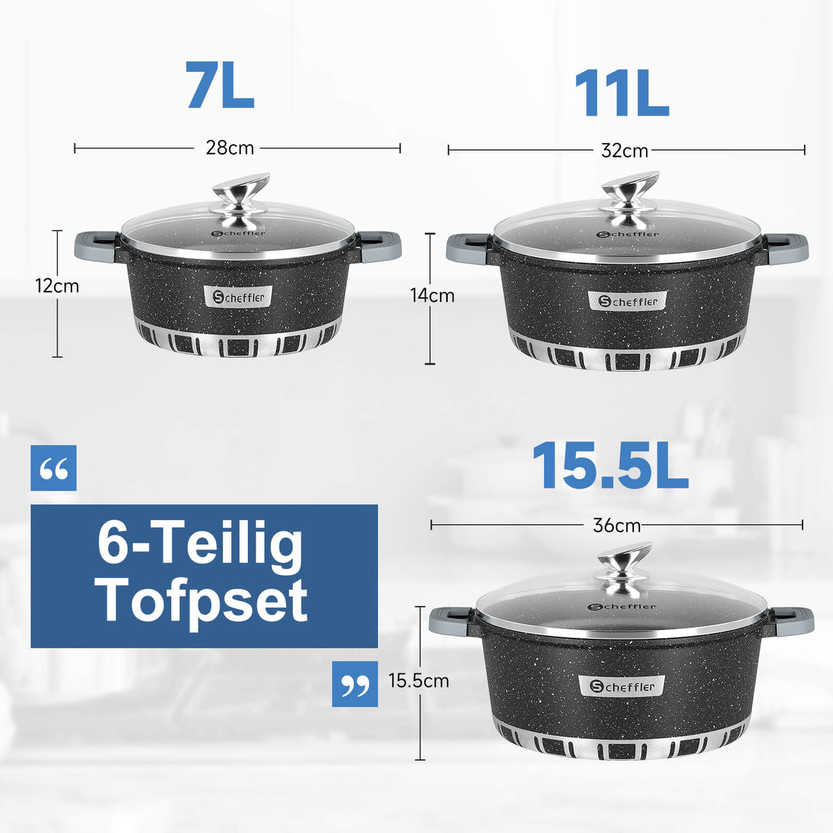 Scheffler Topfset Kochtopf Set mit Glasdeckel Antihaftbeschichtung Induktion für alle Herdarten geeignet