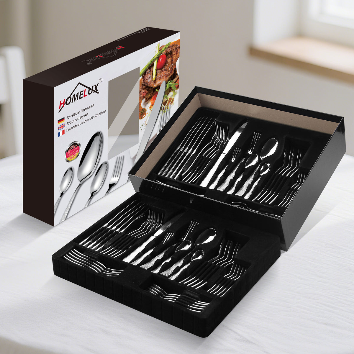 HOMELUX 72-teiliges Besteckset für 12 Personen aus Edelstahl, gehämmertes Design, hochglanzpoliert, spülmaschinenfest