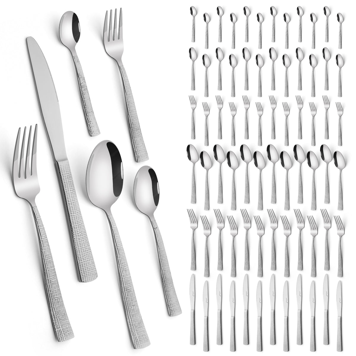 HOMELUX 72-teiliges Besteckset für 12 Personen aus Edelstahl, gehämmertes Design, hochglanzpoliert, spülmaschinenfest