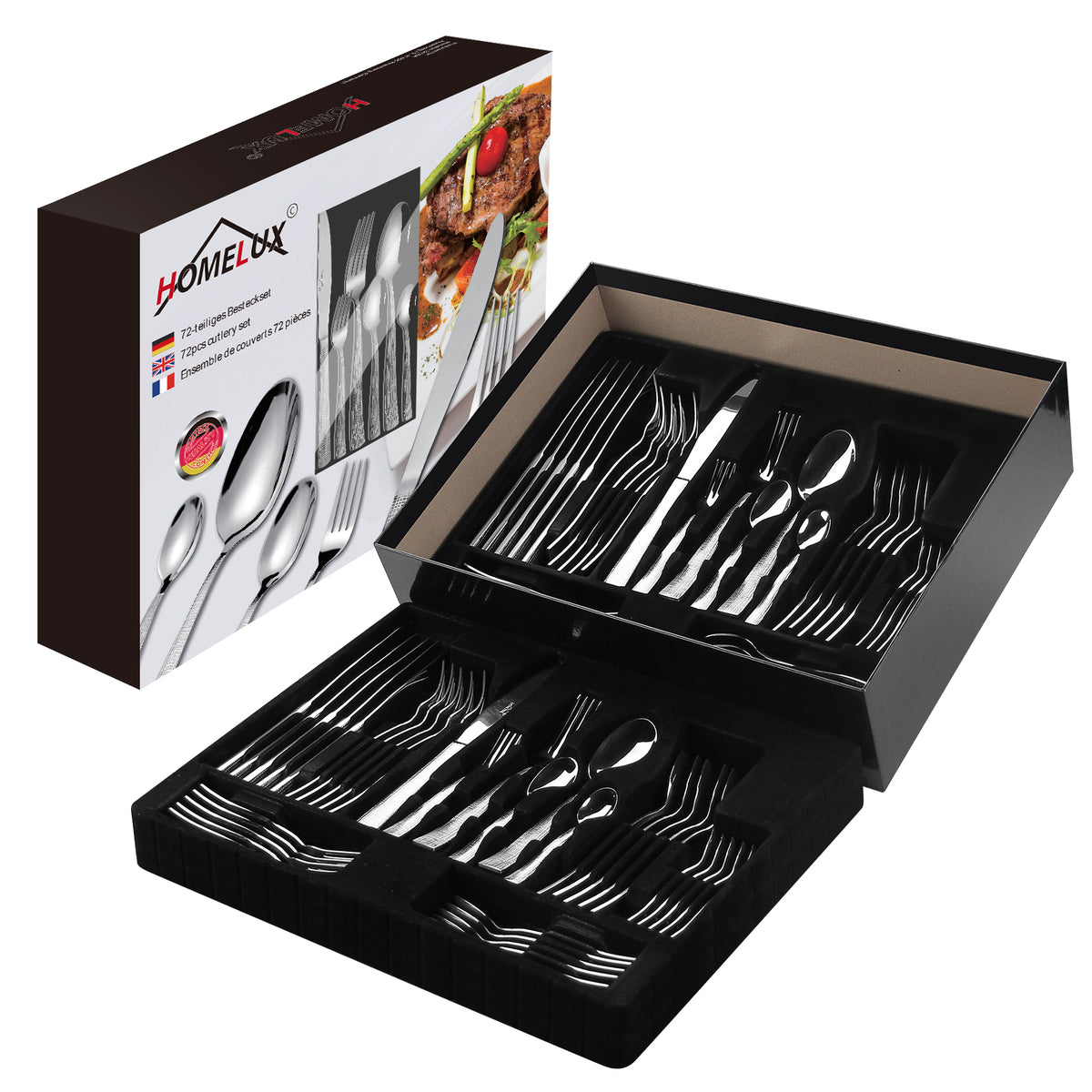 HOMELUX 72-teiliges Besteckset für 12 Personen aus Edelstahl, gehämmertes Design, hochglanzpoliert, spülmaschinenfest