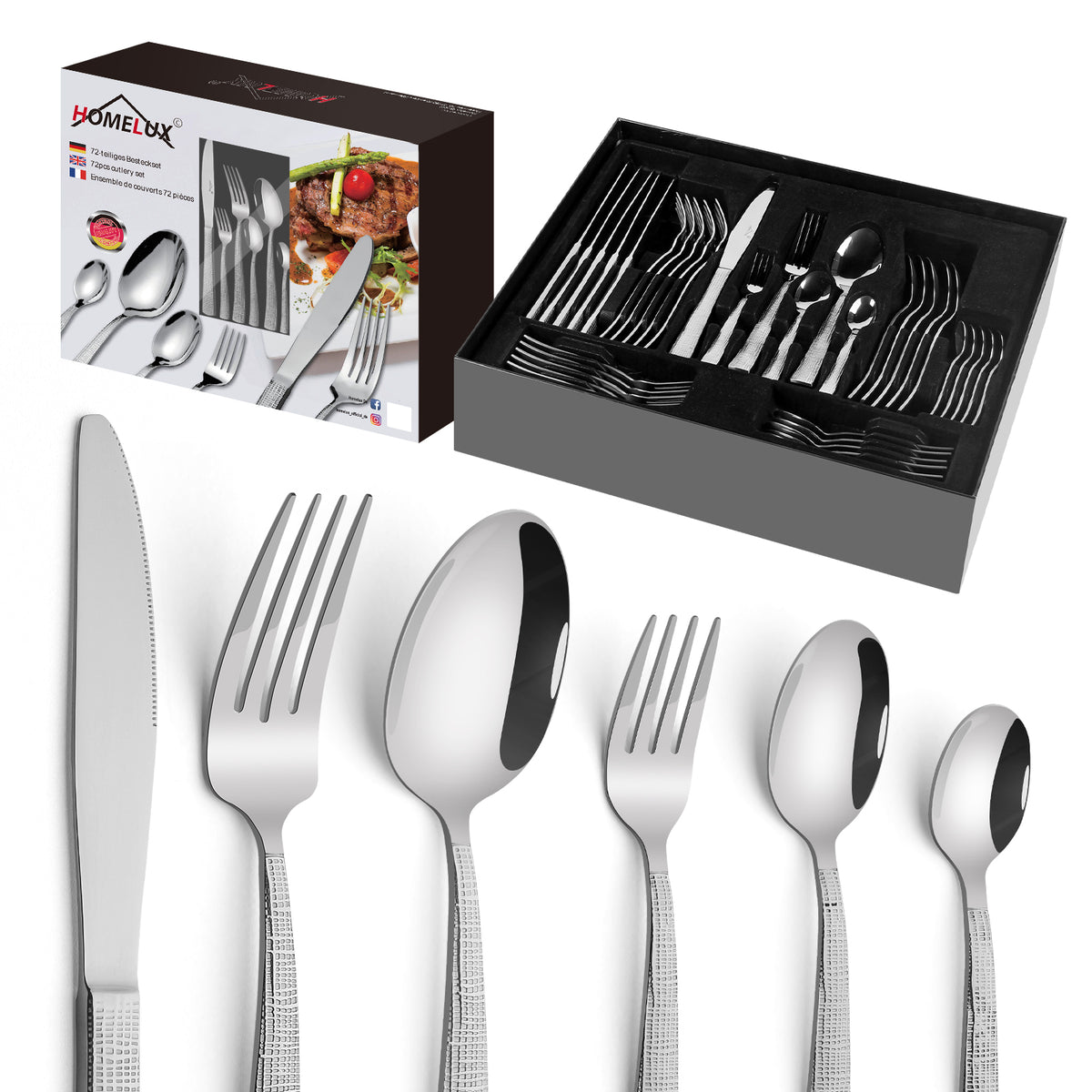 HOMELUX 72-teiliges Besteckset für 12 Personen aus Edelstahl, gehämmertes Design, hochglanzpoliert, spülmaschinenfest