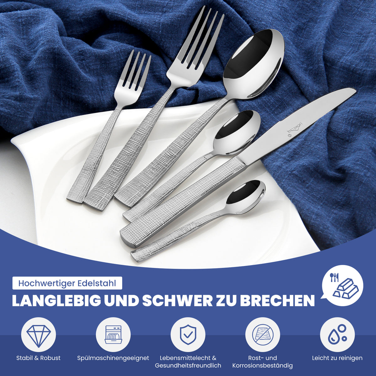 HOMELUX 72-teiliges Besteckset für 12 Personen aus Edelstahl, gehämmertes Design, hochglanzpoliert, spülmaschinenfest