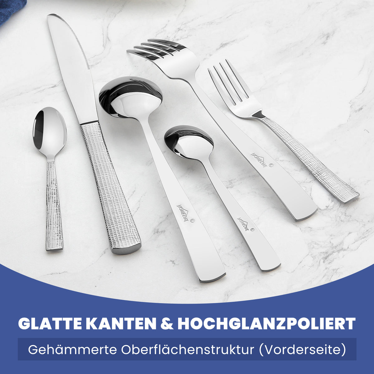 HOMELUX 72-teiliges Besteckset für 12 Personen aus Edelstahl, gehämmertes Design, hochglanzpoliert, spülmaschinenfest