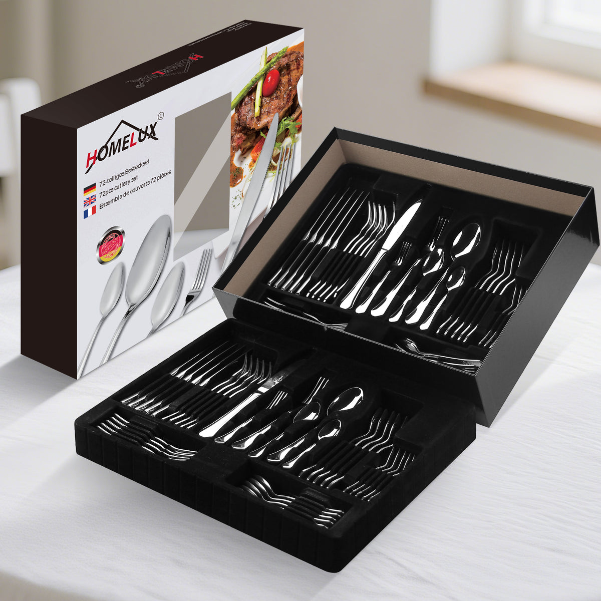 Homelux 72-teiliges Besteckset für 12 Personen, Edelstahl rostfrei, spülmaschinenfest, hochglanzpoliertes Tafelbesteck in Box