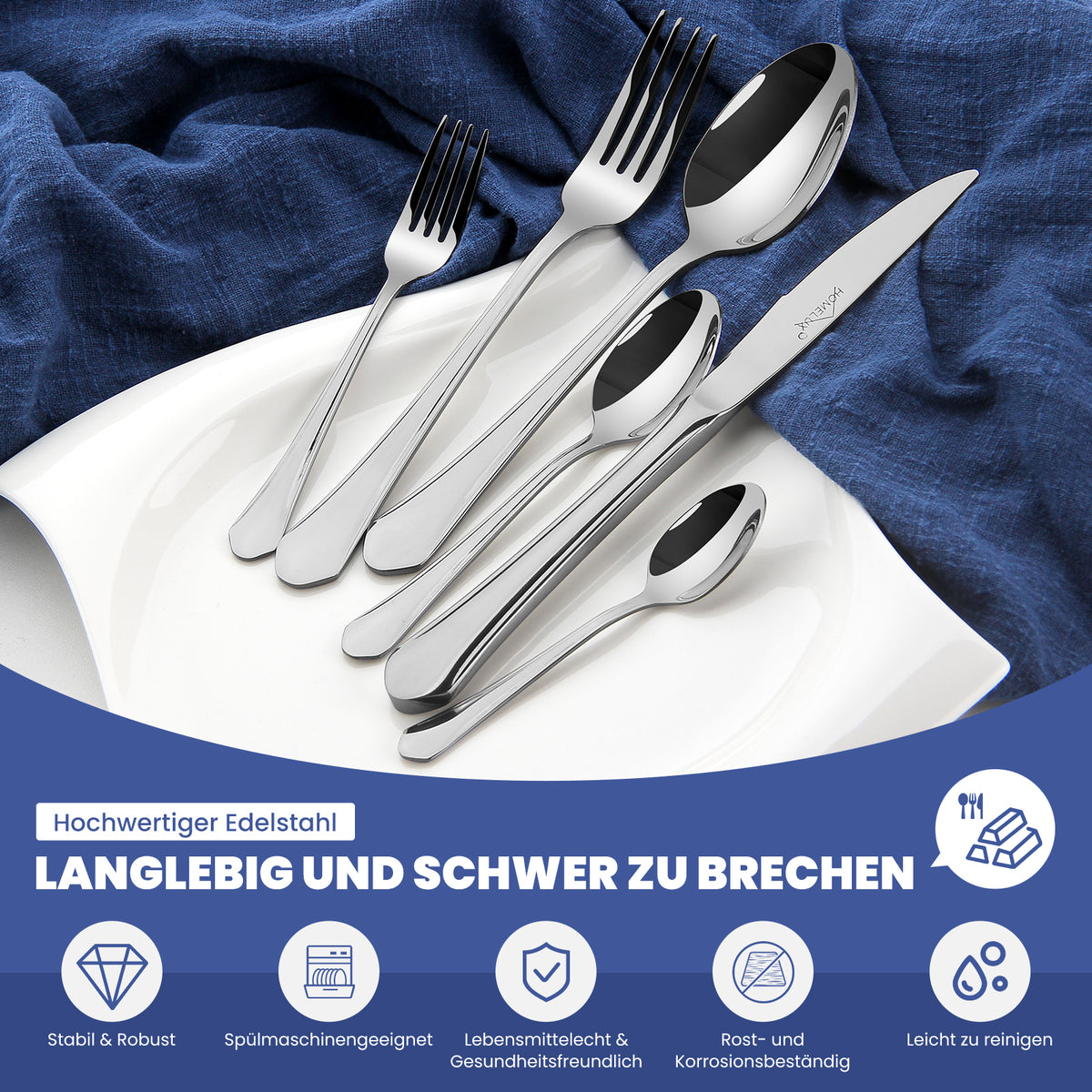 Homelux 72-teiliges Besteckset für 12 Personen, Edelstahl rostfrei, spülmaschinenfest, hochglanzpoliertes Tafelbesteck in Box