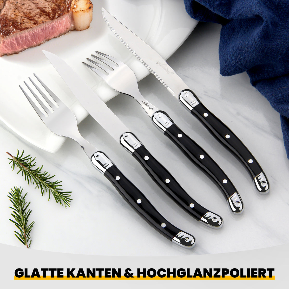 HOMELUX 12-teiliges Steakbesteck für 6 Personen, Edelstahl Besteckset mit schwarzen Griffen & edler Geschenkbox
