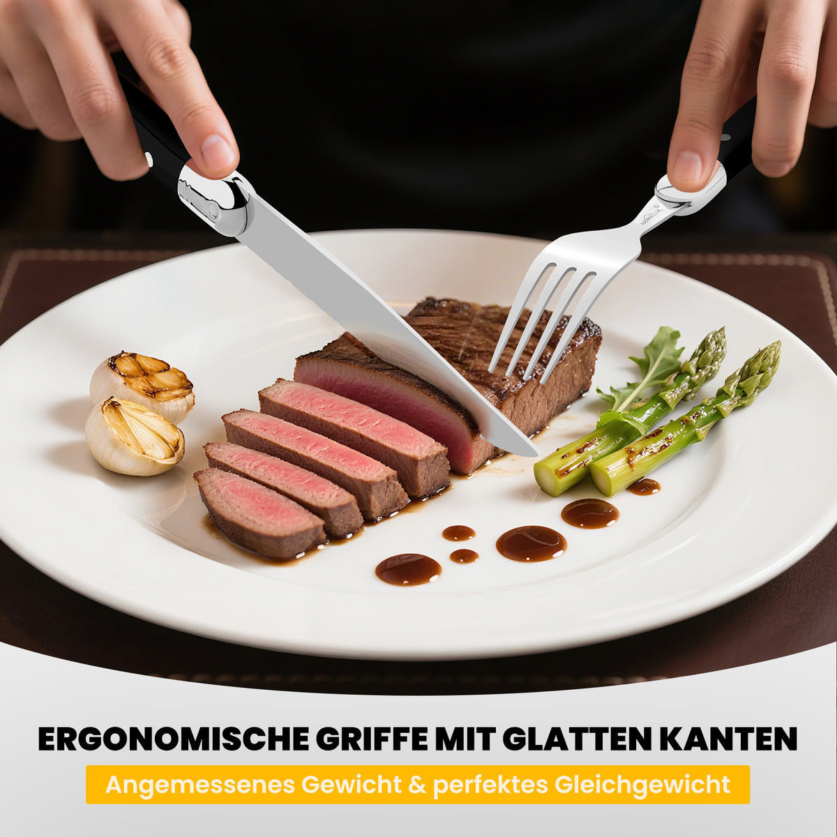 HOMELUX 12-teiliges Steakbesteck für 6 Personen, Edelstahl Besteckset mit schwarzen Griffen & edler Geschenkbox