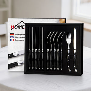 HOMELUX 12-teiliges Steakbesteck für 6 Personen, Edelstahl Besteckset mit schwarzen Griffen & edler Geschenkbox