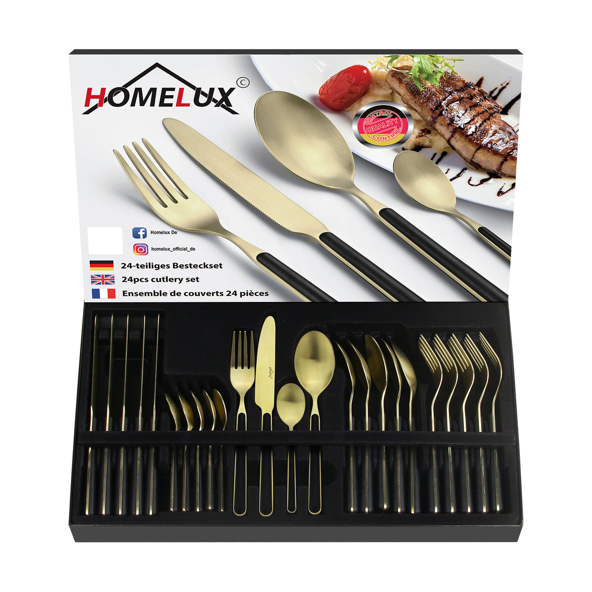 Besteckset 24-teilig für 6 Personen, Edelstahl-Besteck in Schwarz-Gold matt, spülmaschinengeeignet, inklusive Geschenkbox