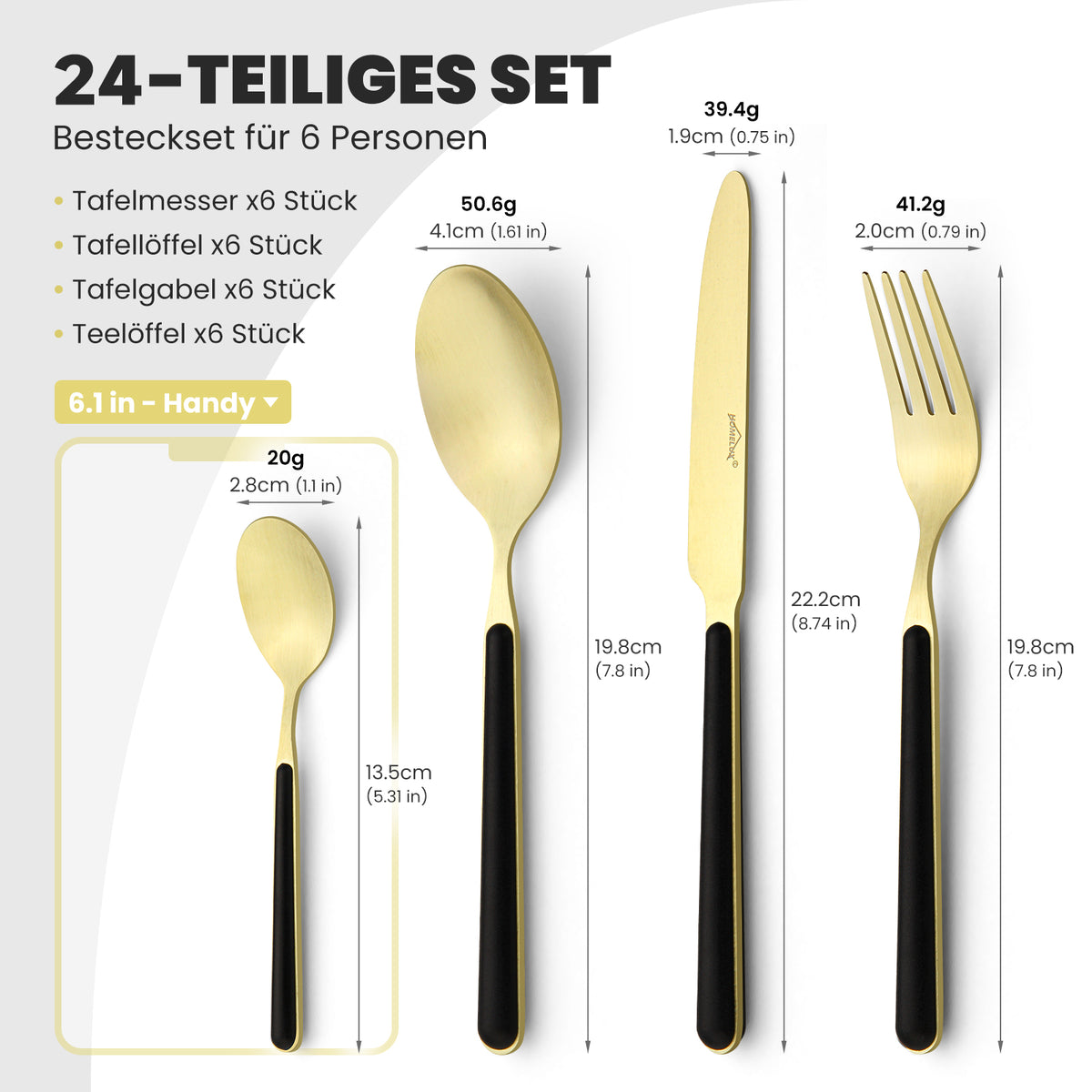 Besteckset 24-teilig für 6 Personen, Edelstahl-Besteck in Schwarz-Gold matt, spülmaschinengeeignet, inklusive Geschenkbox
