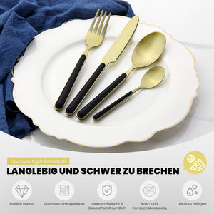 Besteckset 24-teilig für 6 Personen, Edelstahl-Besteck in Schwarz-Gold matt, spülmaschinengeeignet, inklusive Geschenkbox