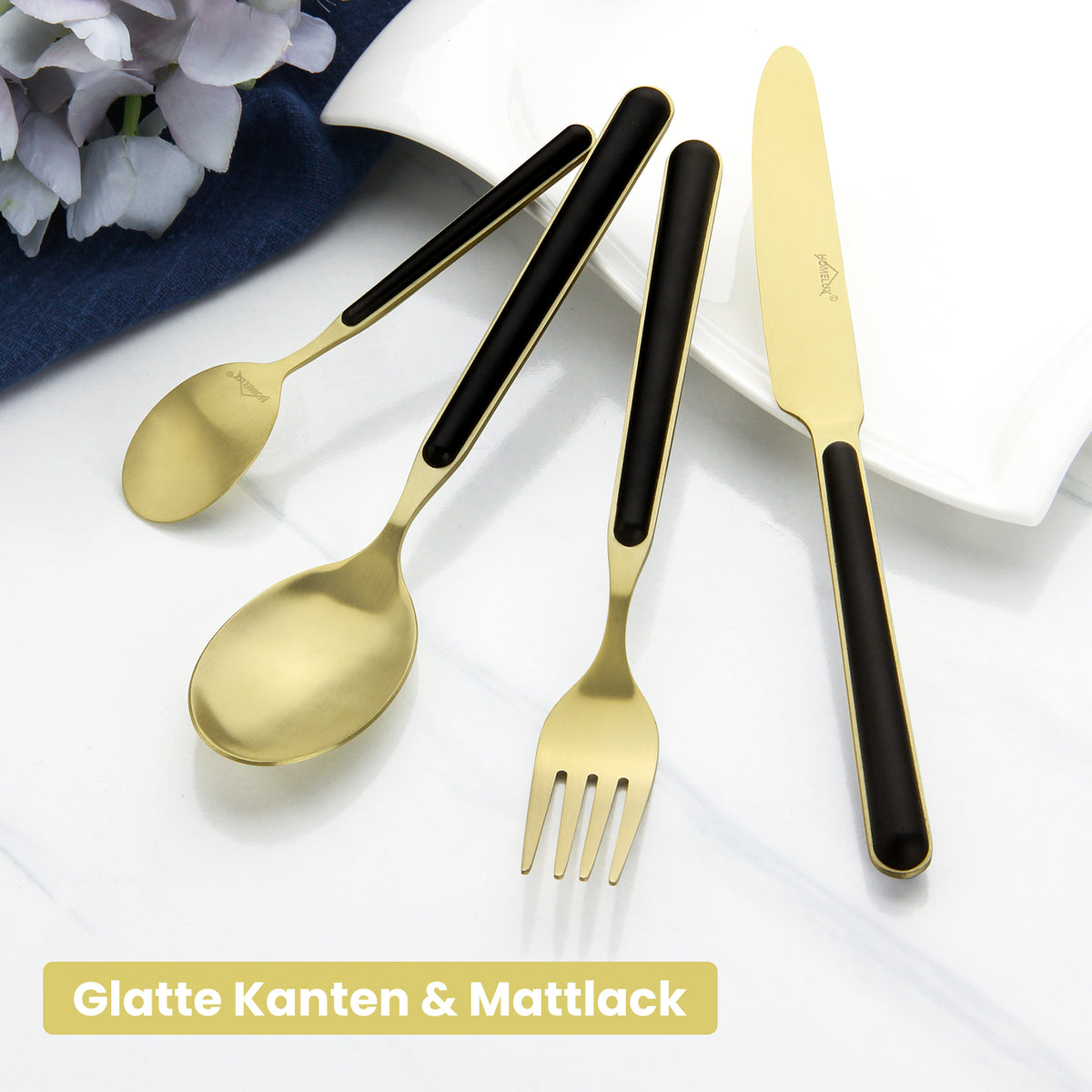 Besteckset 24-teilig für 6 Personen, Edelstahl-Besteck in Schwarz-Gold matt, spülmaschinengeeignet, inklusive Geschenkbox