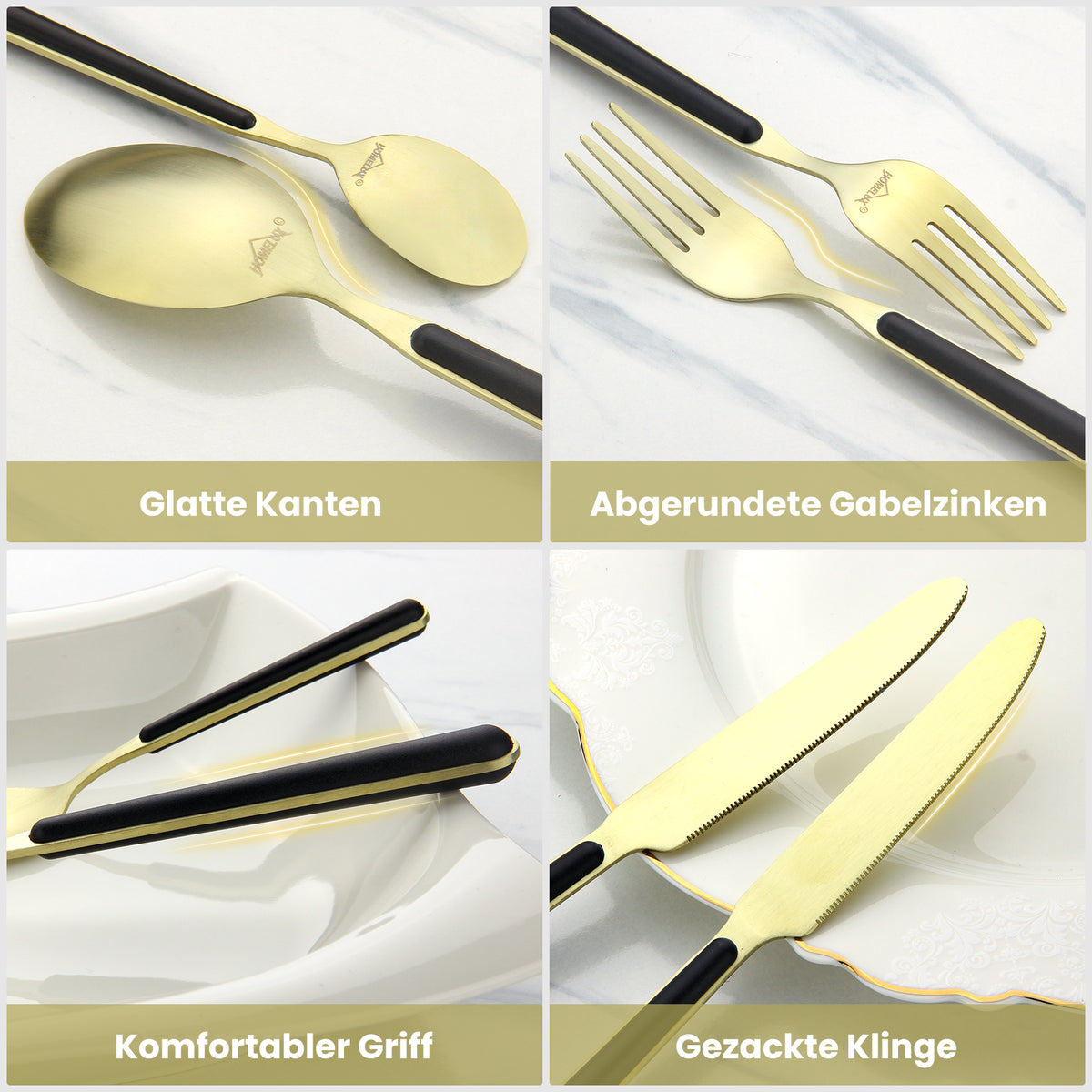Besteckset 24-teilig für 6 Personen, Edelstahl-Besteck in Schwarz-Gold matt, spülmaschinengeeignet, inklusive Geschenkbox
