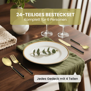 Besteckset 24-teilig für 6 Personen, Edelstahl-Besteck in Schwarz-Gold matt, spülmaschinengeeignet, inklusive Geschenkbox