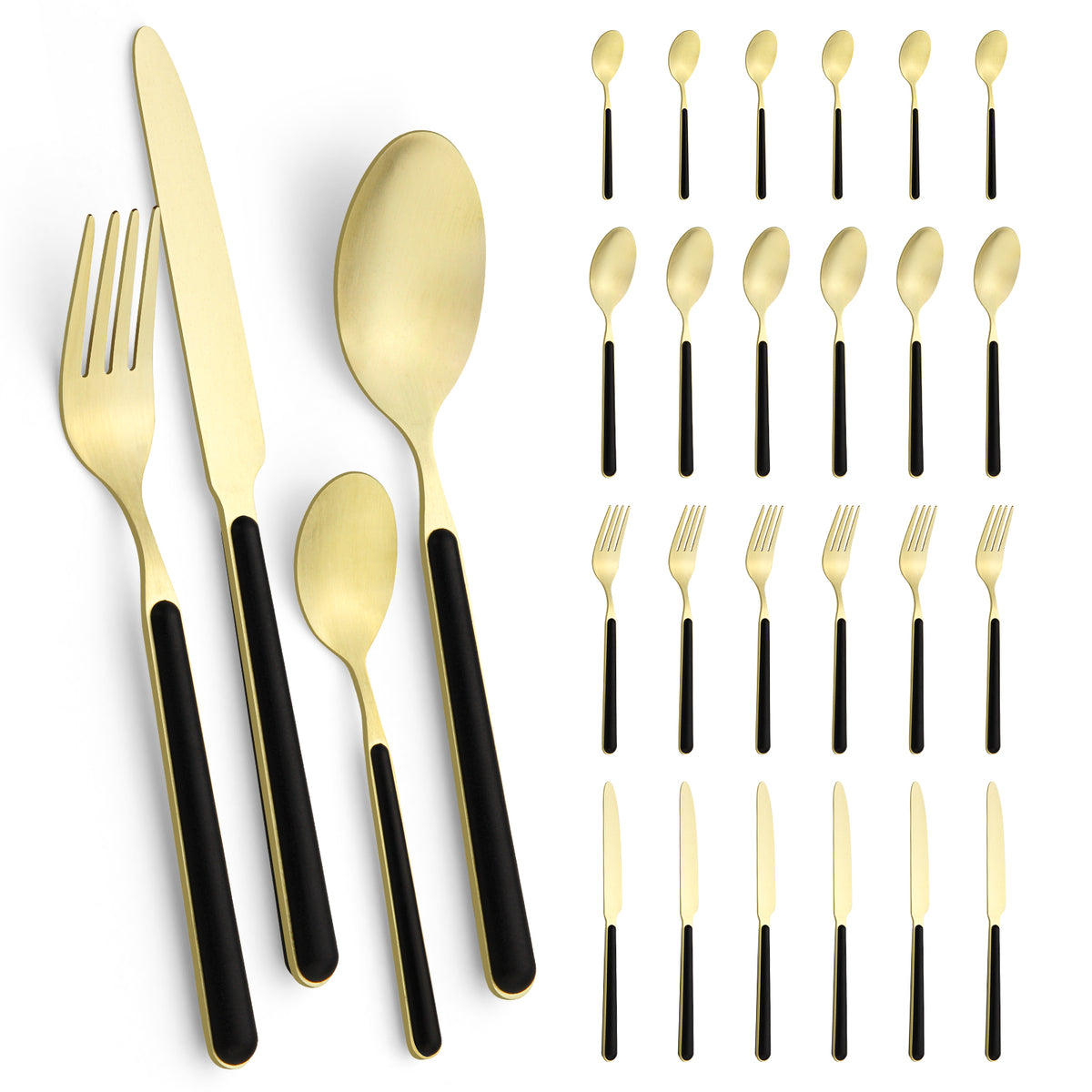 Besteckset 24-teilig für 6 Personen, Edelstahl-Besteck in Schwarz-Gold matt, spülmaschinengeeignet, inklusive Geschenkbox