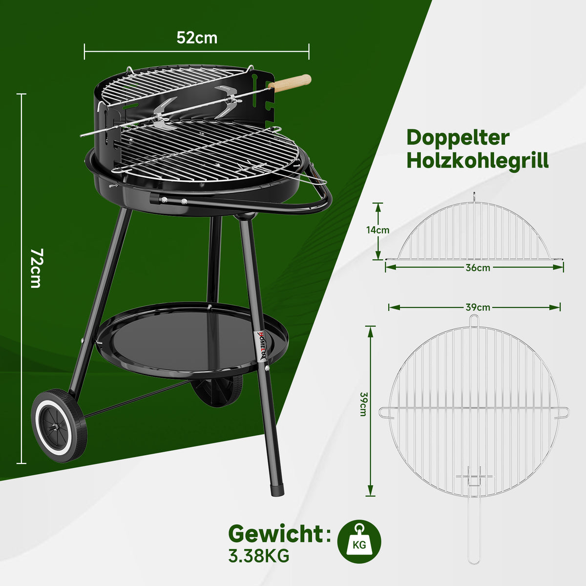Holzkohlegrill mit Rollen, 39 x 39 + 36 x 14 cm, Garten & Park, Windschutz, Ablage, Warmhalterost, Rundgrill, schwarz