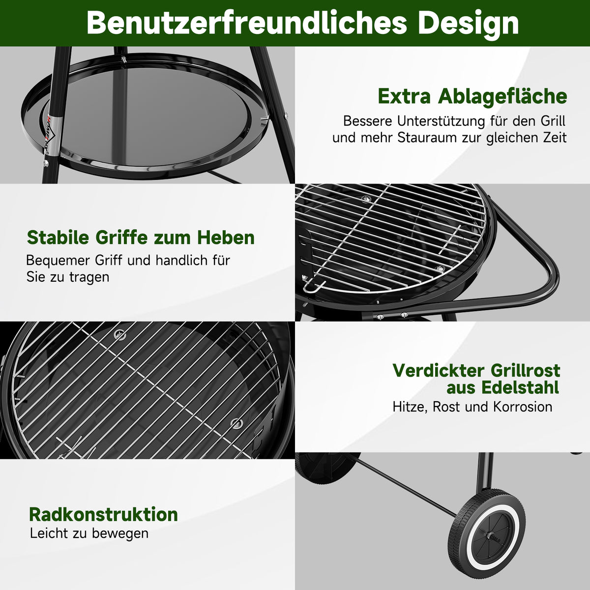 Holzkohlegrill mit Rollen, 39 x 39 + 36 x 14 cm, Garten & Park, Windschutz, Ablage, Warmhalterost, Rundgrill, schwarz