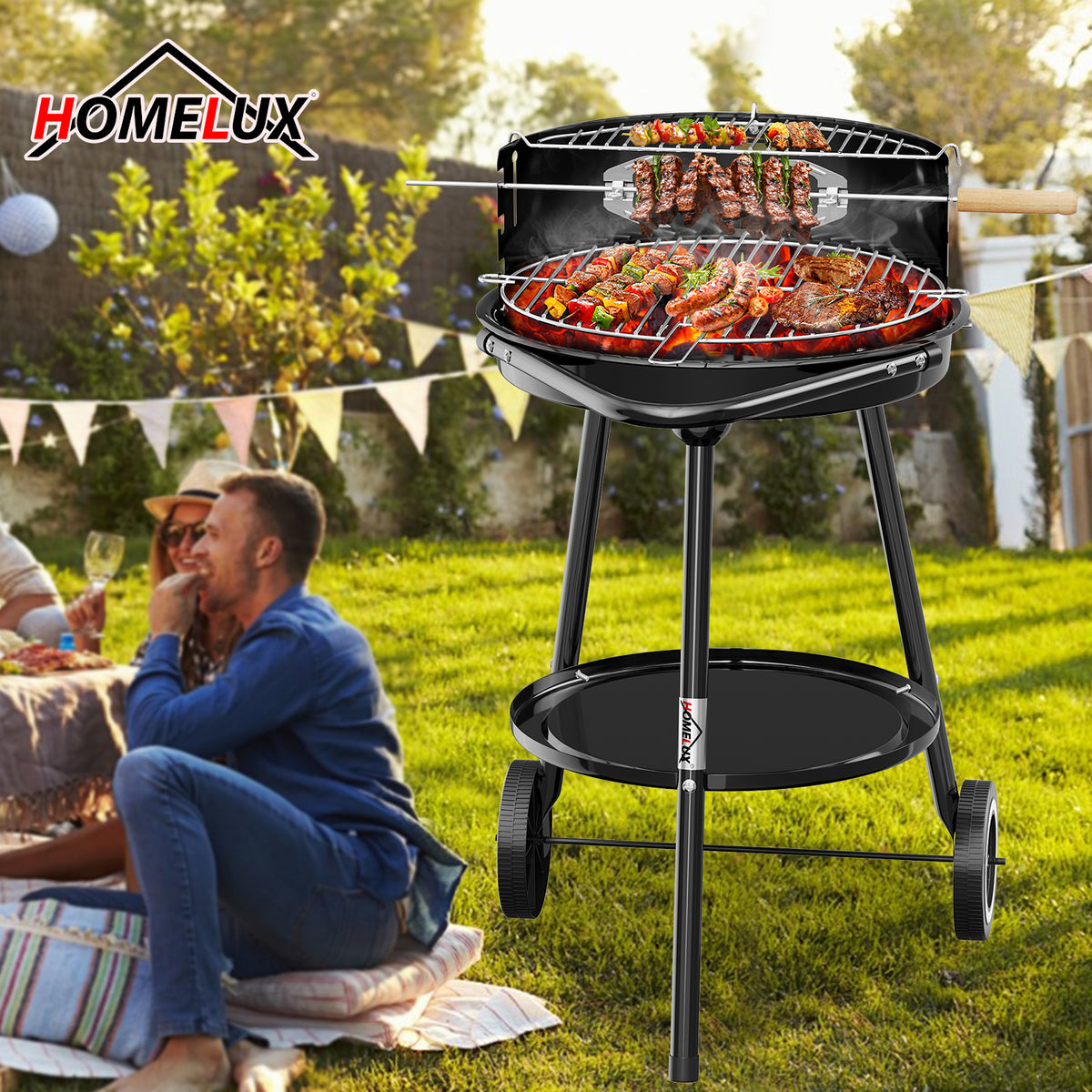 Holzkohlegrill mit Rollen, 39 x 39 + 36 x 14 cm, Garten & Park, Windschutz, Ablage, Warmhalterost, Rundgrill, schwarz