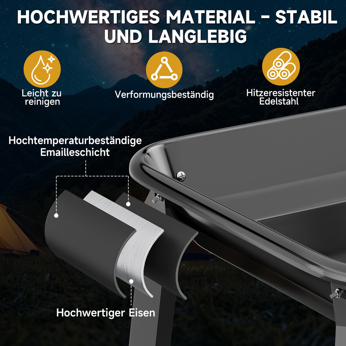 Holzkohle Grillwagen mit Drehspieß, Edelstahlrost, 5 Höhenstufen. Mobiler BBQ Grill mit 2 Holzablagen & Rädern