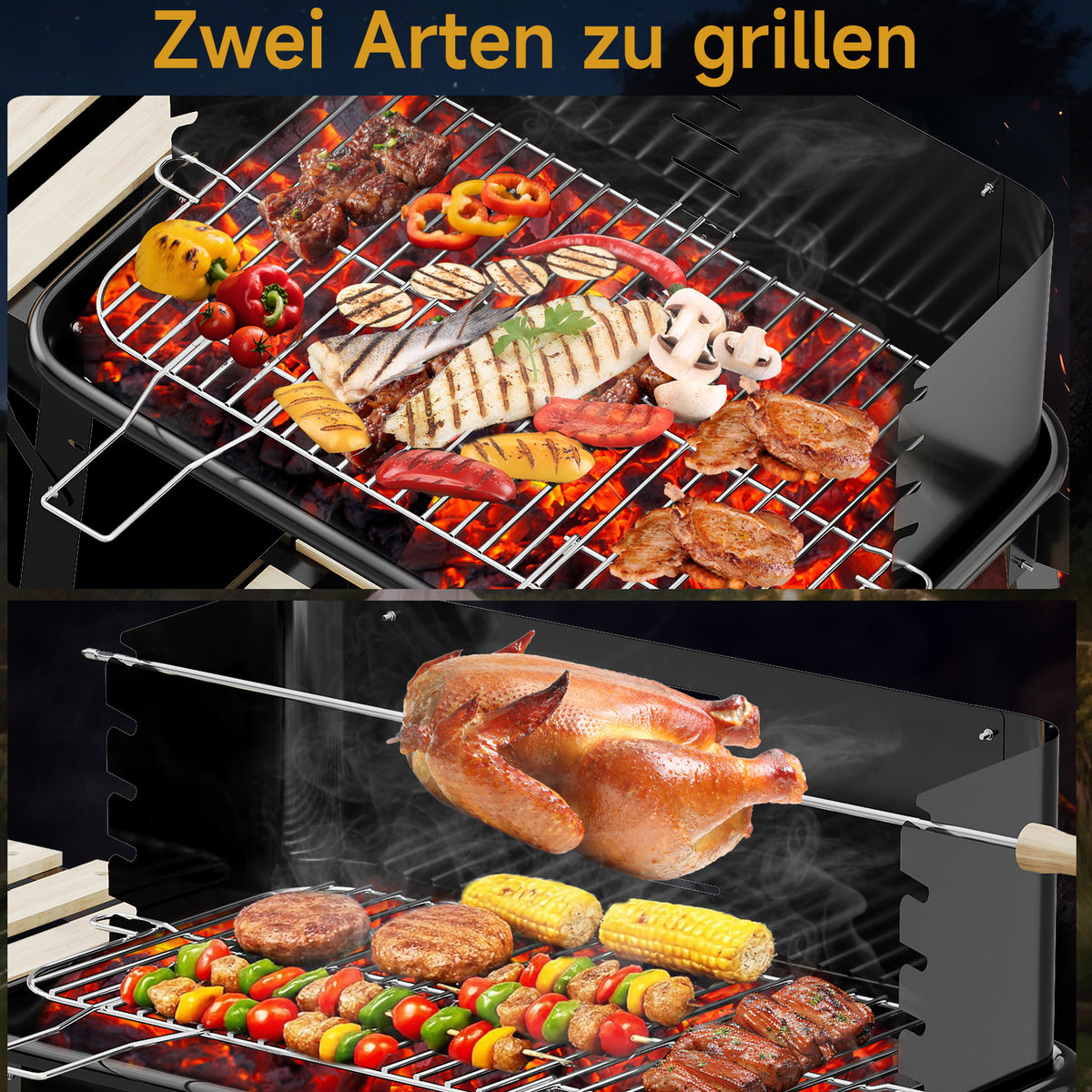 Holzkohle Grillwagen mit Drehspieß, Edelstahlrost, 5 Höhenstufen. Mobiler BBQ Grill mit 2 Holzablagen & Rädern