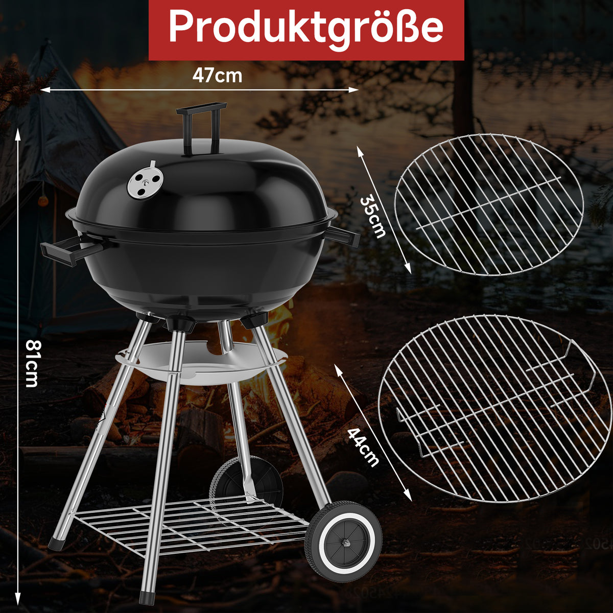 HOMELUX Holzkohlegrill,Ø 44cm Kugelgrill mit Deckel Grillfäche, Barbecue Smoker, BBQ Grill mit Einstellbarer Luftzufuhr & Ascheschale