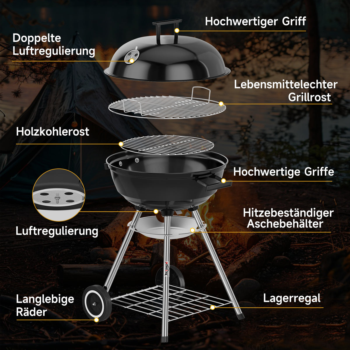 HOMELUX Holzkohlegrill,Ø 44cm Kugelgrill mit Deckel Grillfäche, Barbecue Smoker, BBQ Grill mit Einstellbarer Luftzufuhr & Ascheschale