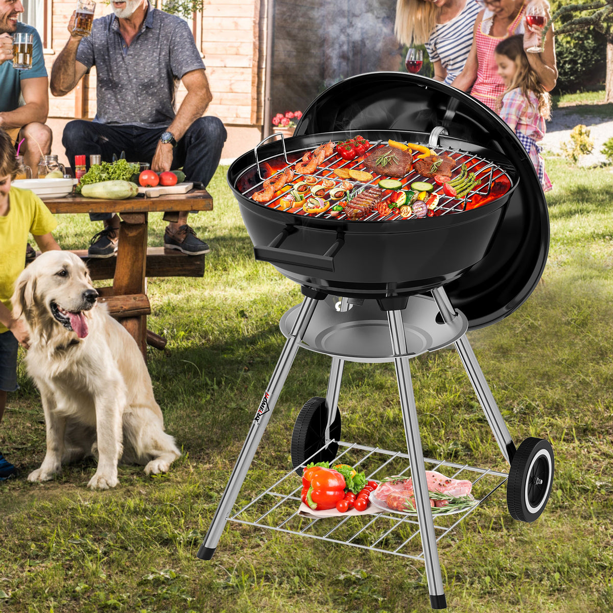 HOMELUX Holzkohlegrill,Ø 44cm Kugelgrill mit Deckel Grillfäche, Barbecue Smoker, BBQ Grill mit Einstellbarer Luftzufuhr & Ascheschale