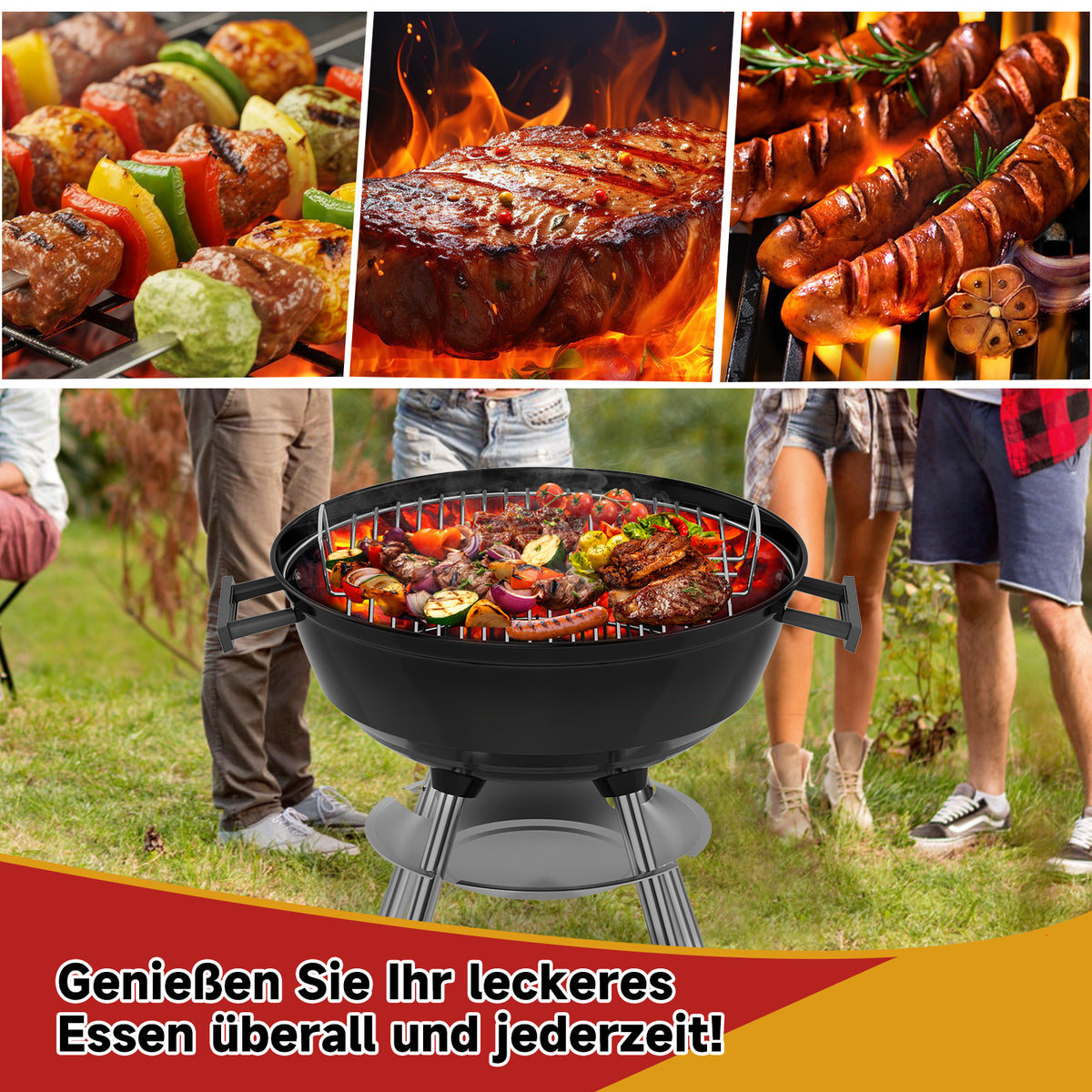HOMELUX Holzkohlegrill,Ø 44cm Kugelgrill mit Deckel Grillfäche, Barbecue Smoker, BBQ Grill mit Einstellbarer Luftzufuhr & Ascheschale