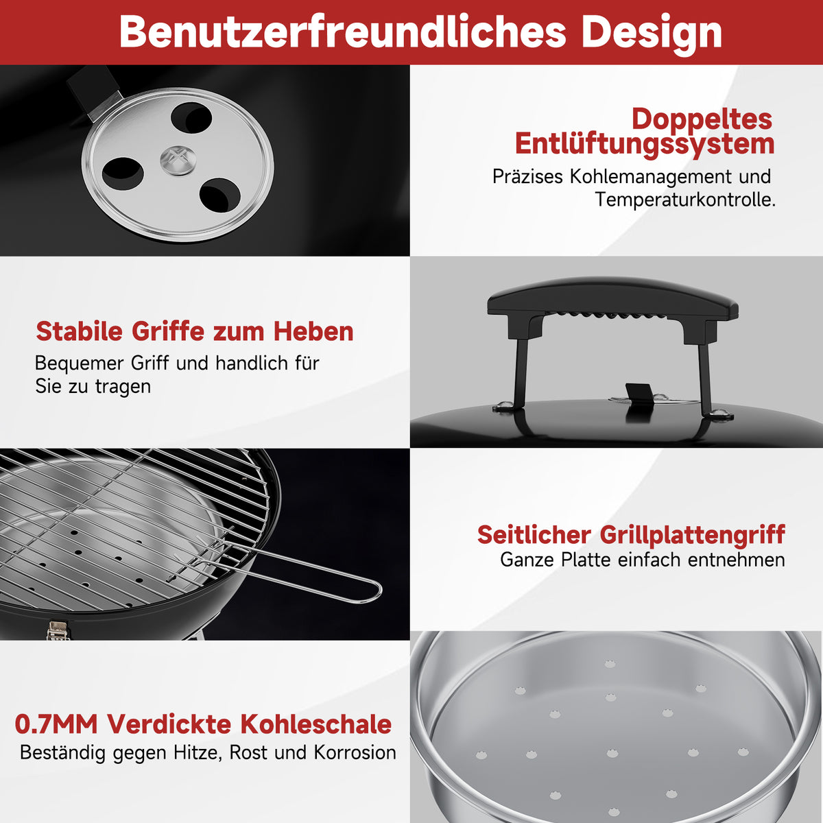 Tragbarer Holzkohle Kugelgrill Ø36cm, emaillierter Campinggrill Tischgrill für Balkon, Picknick & Outdoor