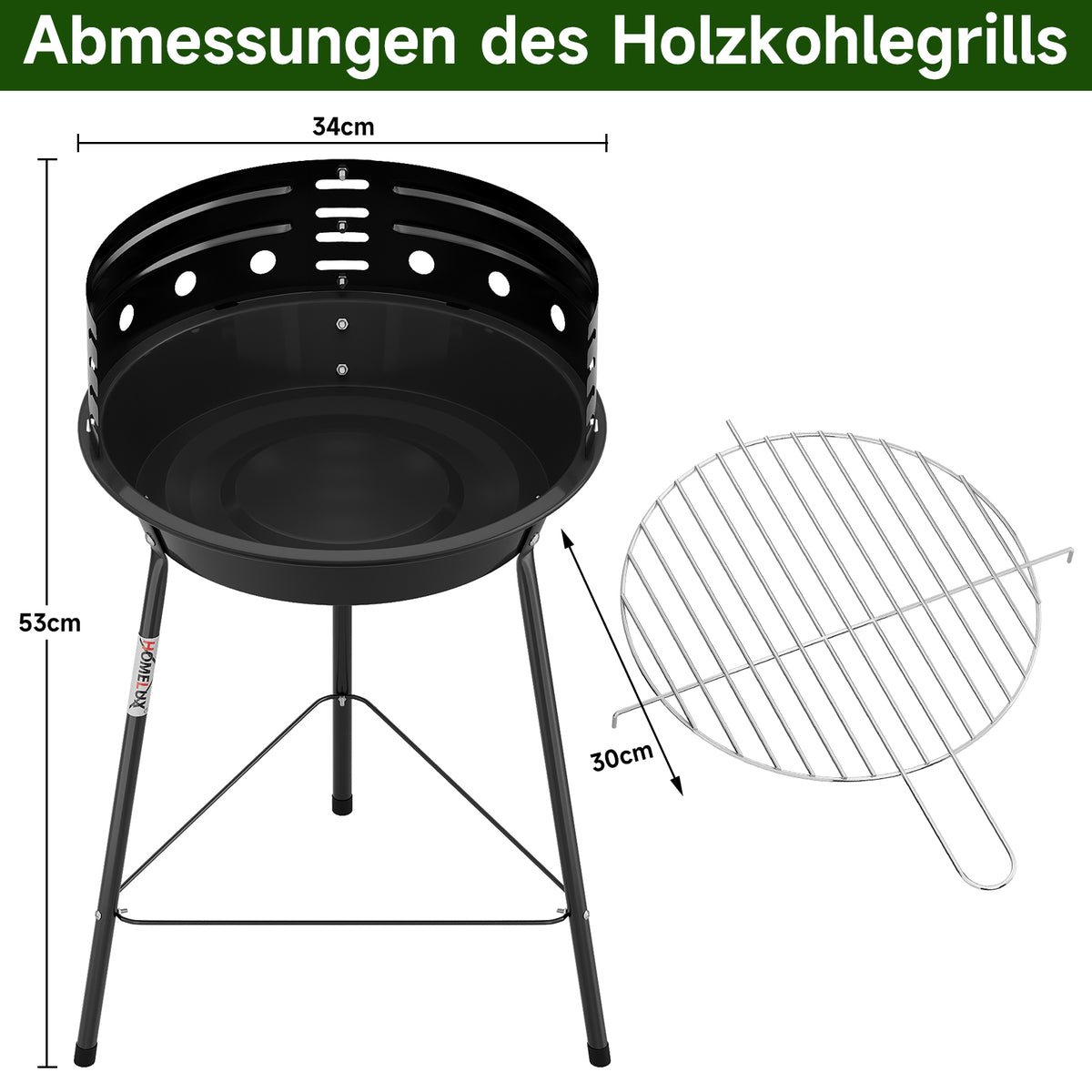 Tragbarer Holzkohlegrill mit Windschutz, höhenverstellbarer Dreibein Campinggrill für Garten, Balkon & Outdoor