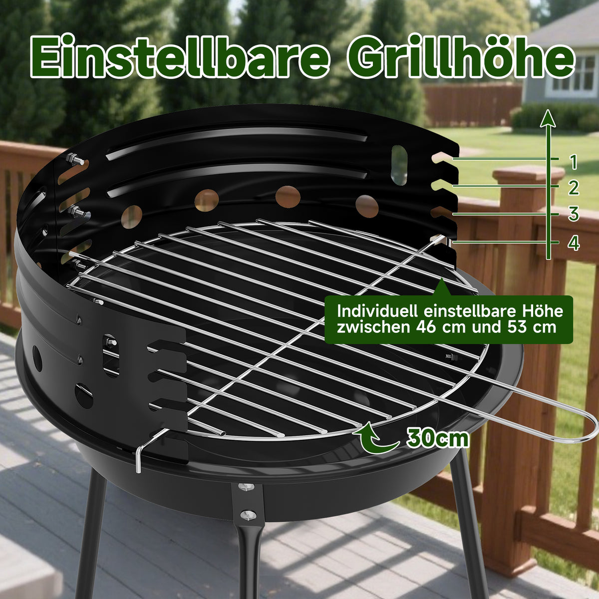 Tragbarer Holzkohlegrill mit Windschutz, höhenverstellbarer Dreibein Campinggrill für Garten, Balkon & Outdoor