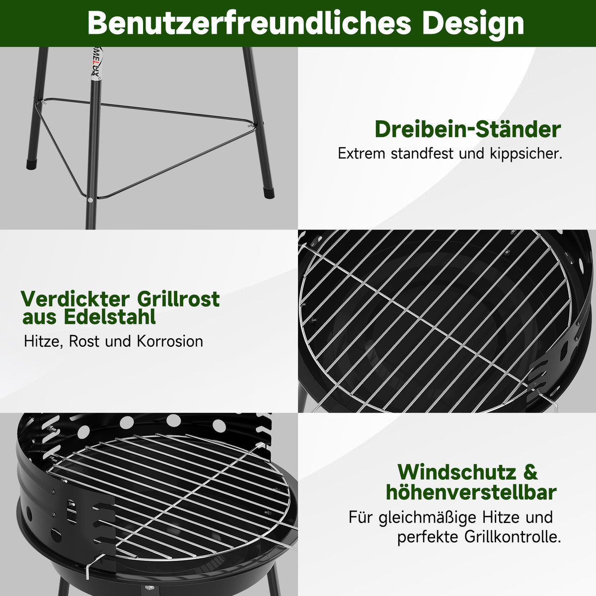 Tragbarer Holzkohlegrill mit Windschutz, höhenverstellbarer Dreibein Campinggrill für Garten, Balkon & Outdoor
