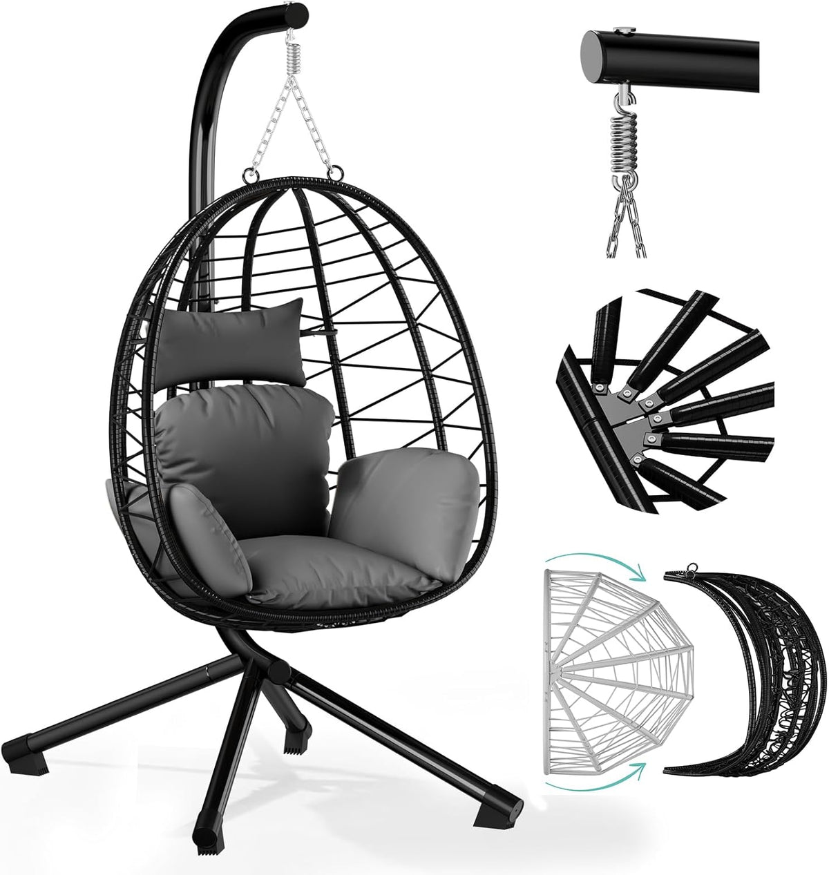HOMELUX Hängesessel mit Gestell Hängematte Hängestuhl mit Kissen Schaukel Max. 130 kg, Grau