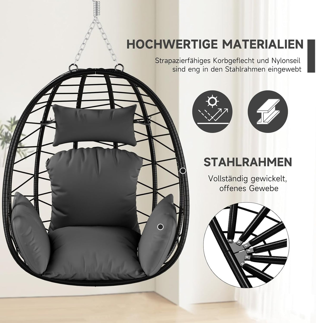 HOMELUX Hängesessel mit Gestell Hängematte Hängestuhl mit Kissen Schaukel Max. 130 kg, Grau