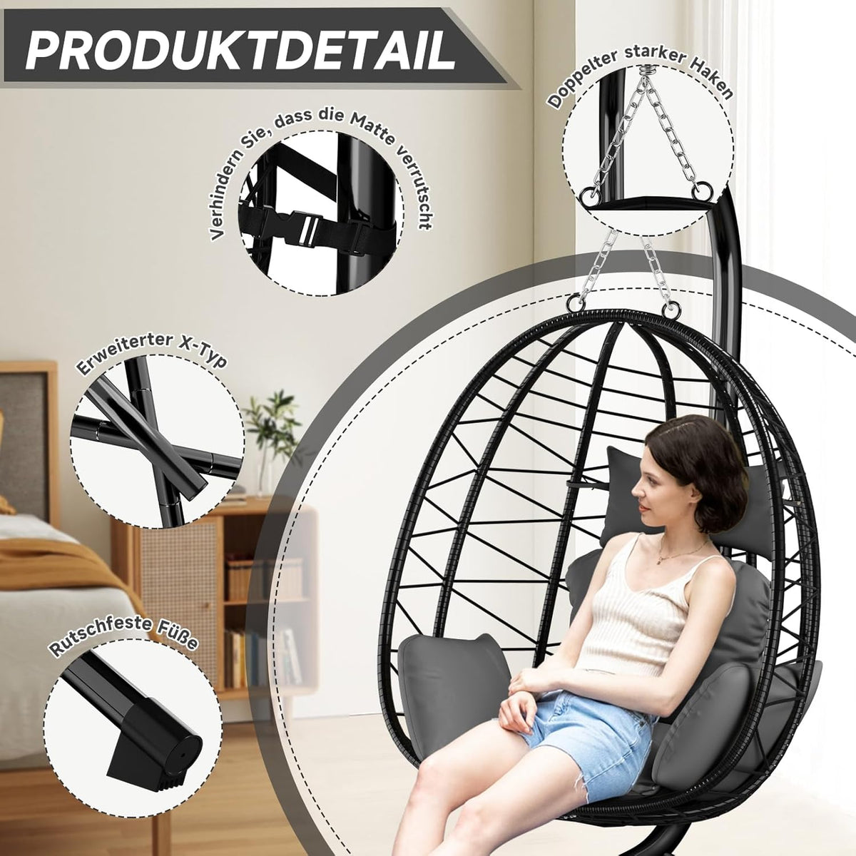 HOMELUX Hängesessel mit Gestell Hängematte Hängestuhl mit Kissen Schaukel Max. 130 kg, Grau