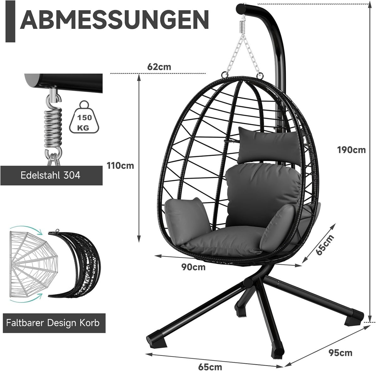 HOMELUX Hängesessel mit Gestell Hängematte Hängestuhl mit Kissen Schaukel Max. 130 kg, Grau