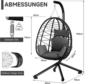 HOMELUX Hängesessel mit Gestell Hängematte Hängestuhl mit Kissen Schaukel Max. 130 kg, Grau