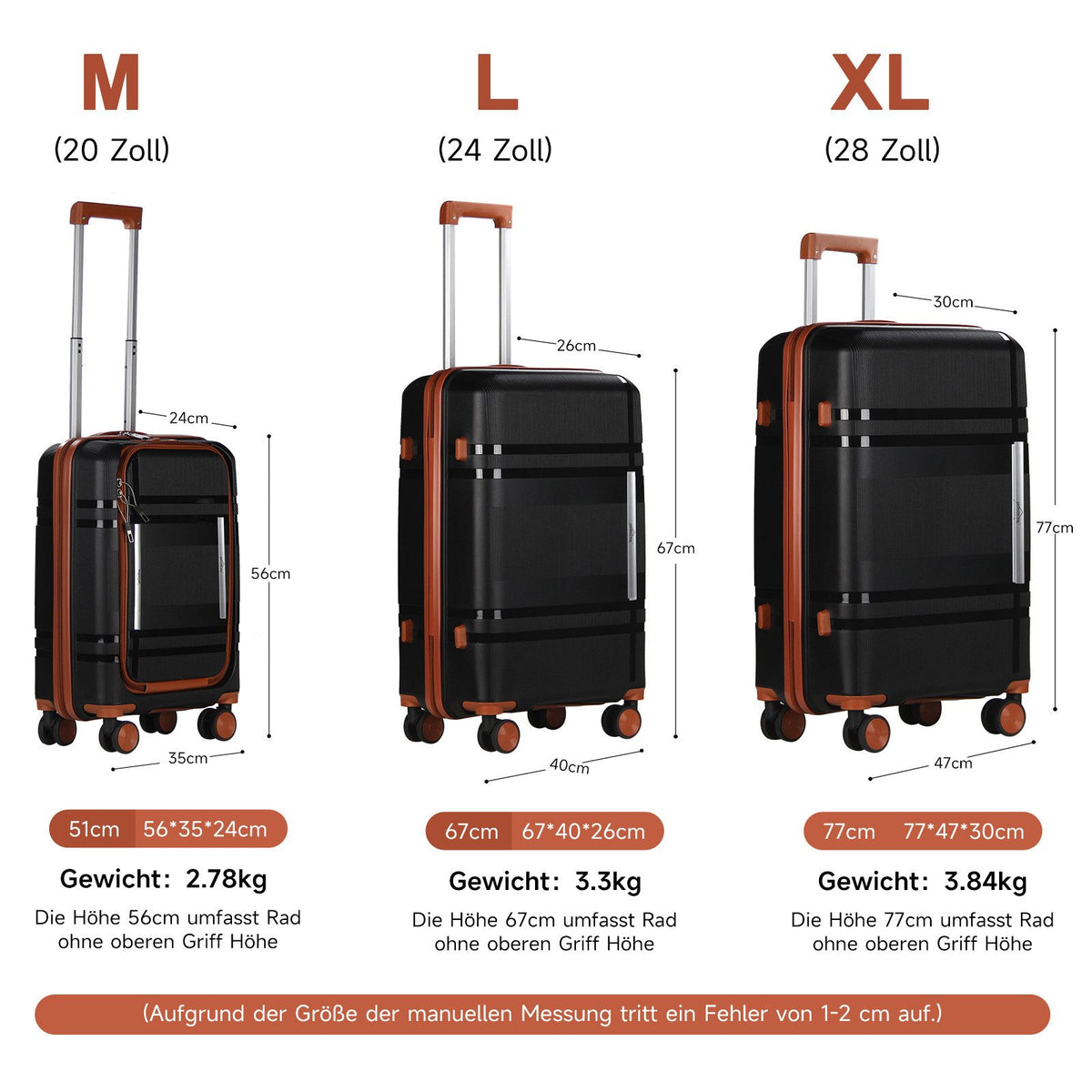 HOMELUX 3-teiliges Kofferset Schwarz Hartschale ABS Leicht Trolley Rollkoffer Hartschalenkoffer Set – M-L-XL