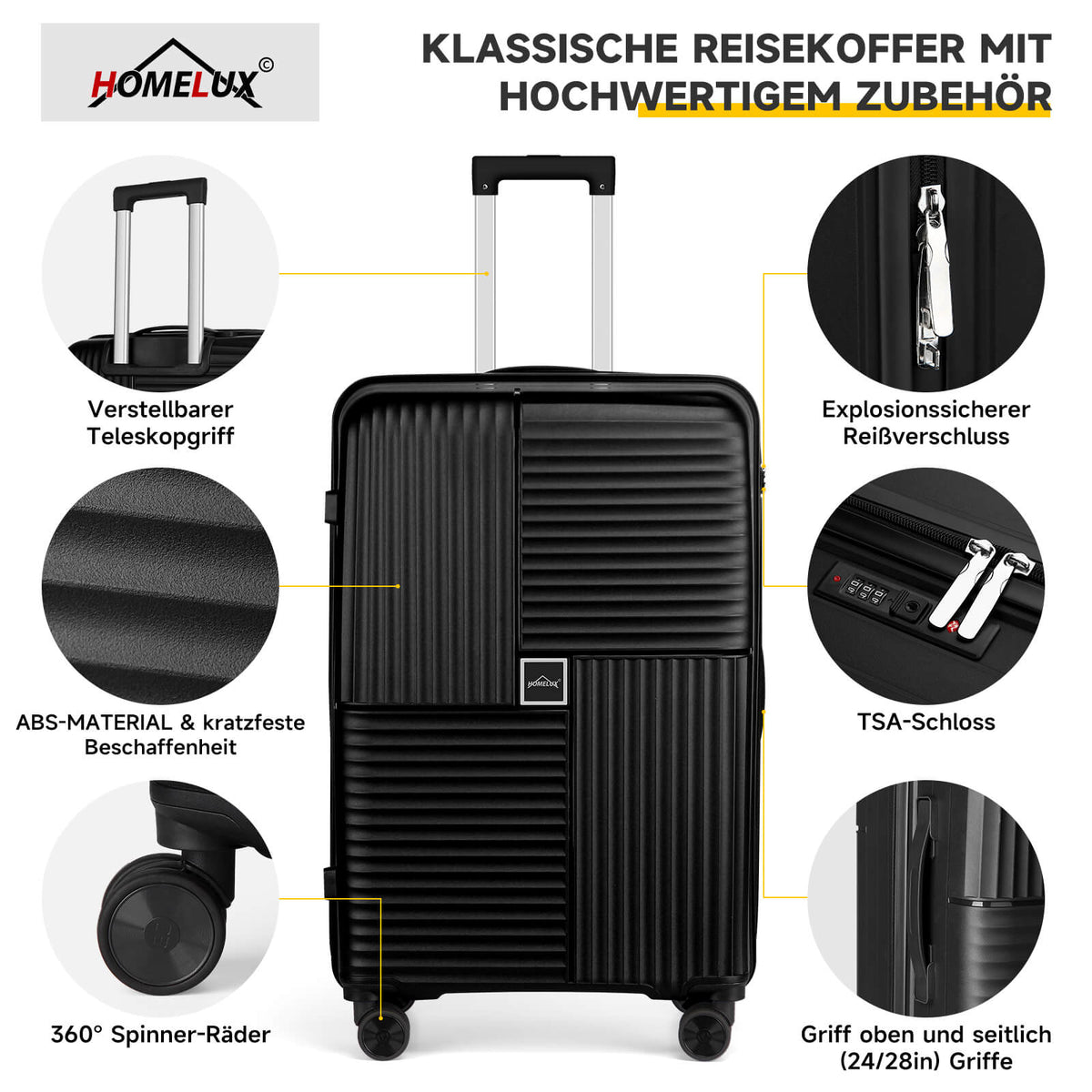 HOMELUX Hartschalenkoffer Set 3-teilig ABS Leicht Trolley Kofferset Rollkoffer Reisekoffer Hartschale M-L-XL