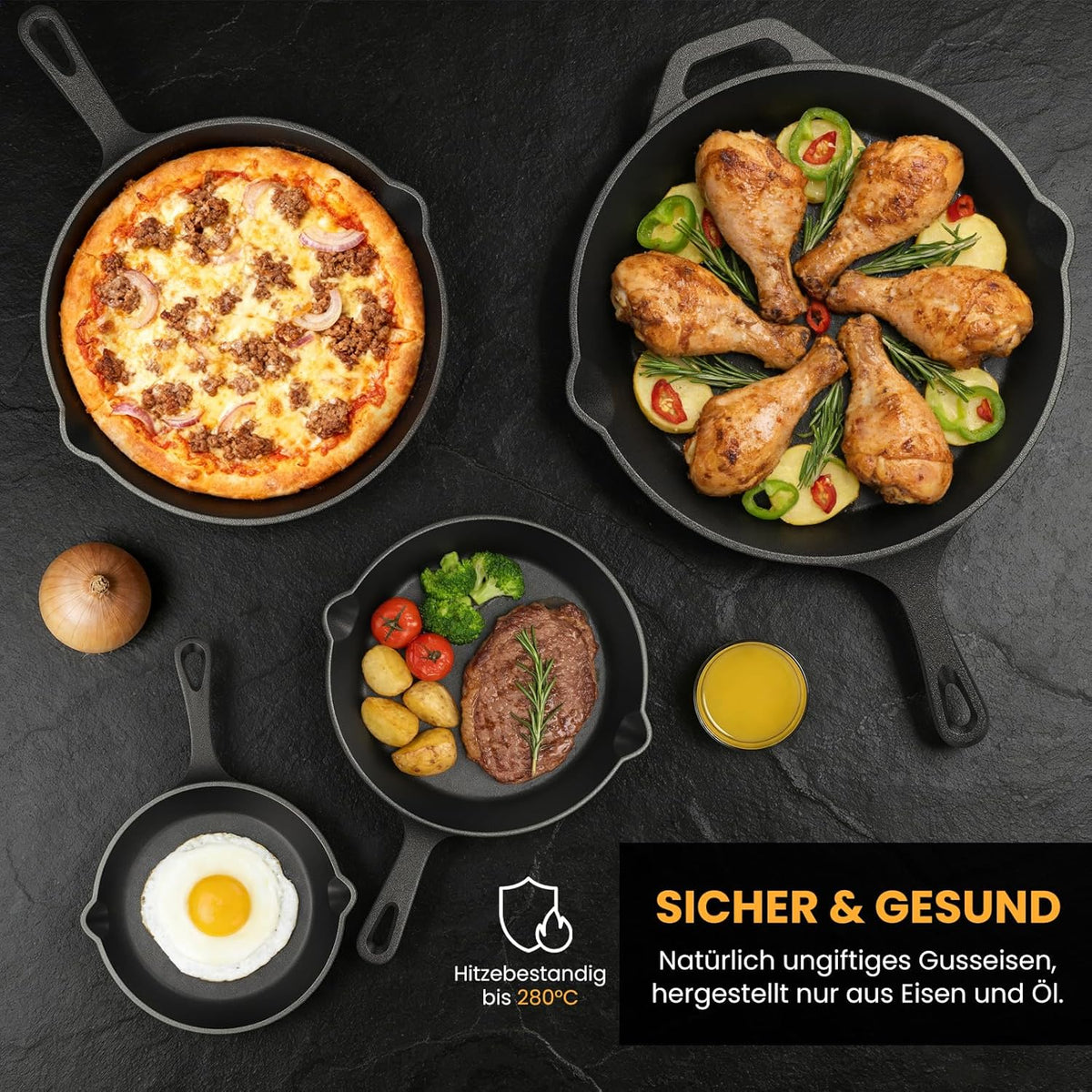 HOMELUX Gusseiserne Bratpfanne, eingebrannt & induktionsgeeignet, gusseiserne Pfanne für alle Herdarten, Backofen & Grill