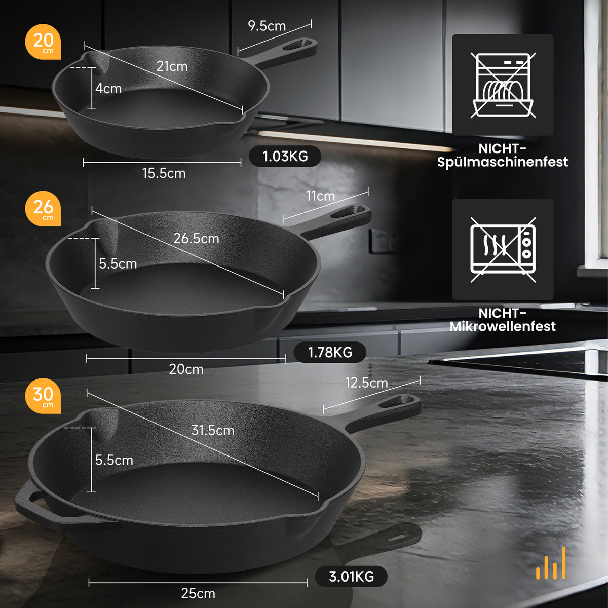 HOMELUX Gusseiserne Bratpfanne, eingebrannt & induktionsgeeignet, gusseiserne Pfanne für alle Herdarten, Backofen & Grill
