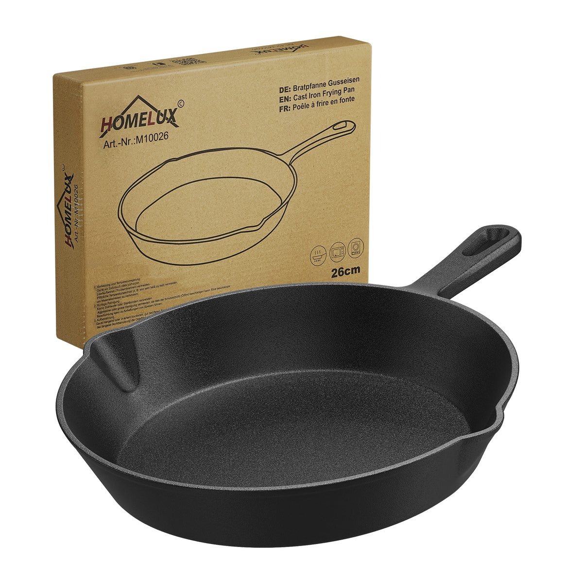 HOMELUX Gusseiserne Bratpfanne, eingebrannt & induktionsgeeignet, gusseiserne Pfanne für alle Herdarten, Backofen & Grill