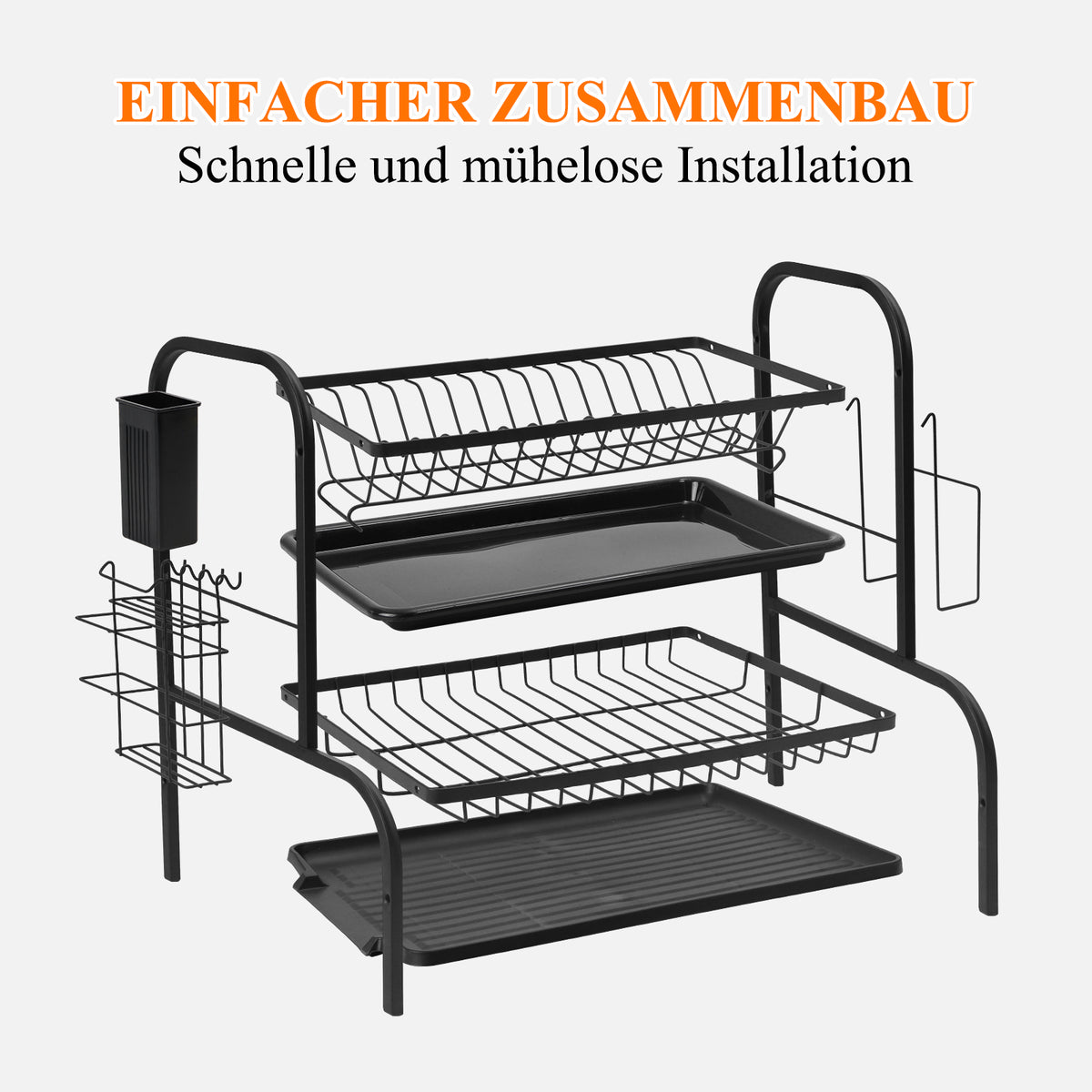 Geschirrabtropfer 2-stufig, Abtropfgestell aus rostfreiem Stahl mit Abtropfschale, Besteck- und Schneidebretthalter, Schwarz